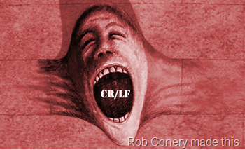 An image of a screaming face from Pink Floyd's "The Wall" album, coming out of a wall as if the wall were elastic, with the characters CR/LF in its mouth