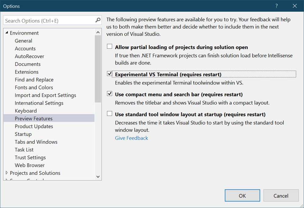 Tools > Options > Preview Features, enable the Experimental VS Terminal option and restart Visual Studio.