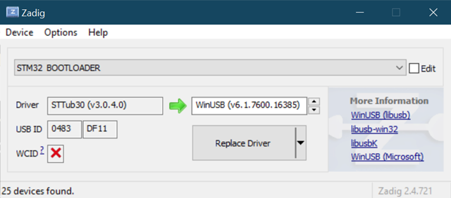 In Zadig, select the STM32 Bootloader