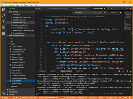 Visual Studio Code editing my new ASP.NET Core site using Razor Pages