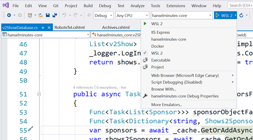 WSL 2 in the Visual Studio Debugging Menu