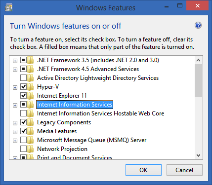 Turn on IIS in Windows Features