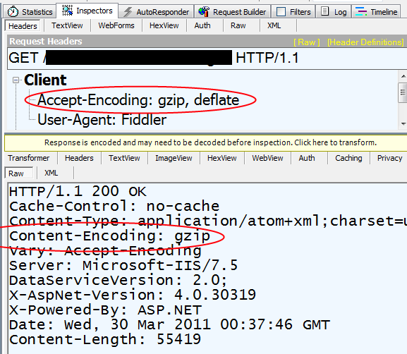 Confirming in Fiddler that gzip compression is turned on 