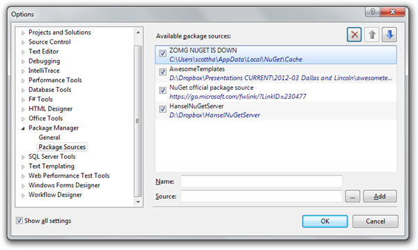 The NuGet Package Source Options dialog