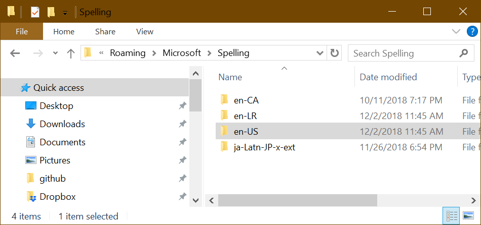 The Windows 10 custom dictionaries are at %AppData%\Microsoft\Spelling\ 