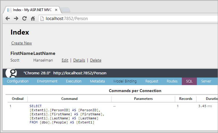 EF SQL queries viewed within Glimpse