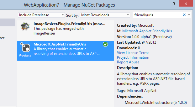 Microsoft.AspNet.FriendlyUrls -pre shown in the UI