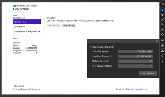 Running a geolocation sample in the simulator and lying about the location