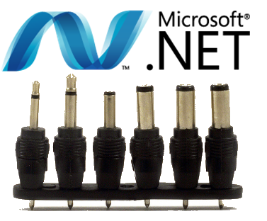 Crazy random logo of evocative clipart combining the .NET Logo and some universal powerplugs into an unofficial logo