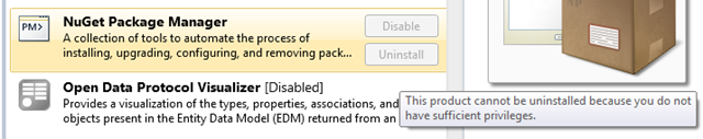 NuGet with the uninstall button grayed out