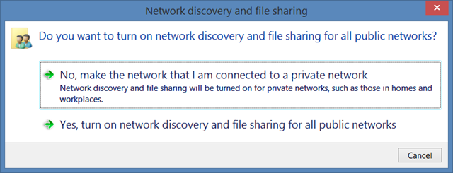 Do you want to turn on Network discovery and file sharing for all public networks? NO