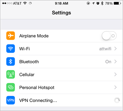 VPN Connecting in Settings