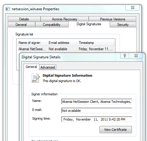 Akamai's NetSession digital signature is legit