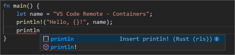 Intellisense from a container running Rust and VS Code Remote Containers