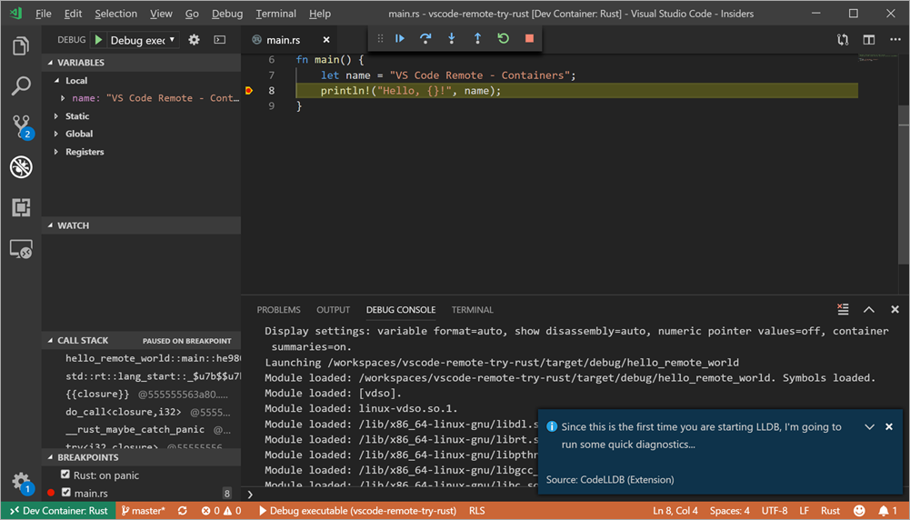 Debugging in VS Code a Rust app within a DevContainer