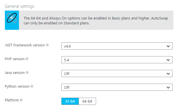 Change your Azure bitness settings here