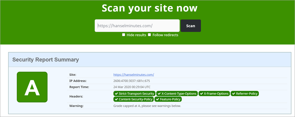 Score of A on SecurityHeaders.com