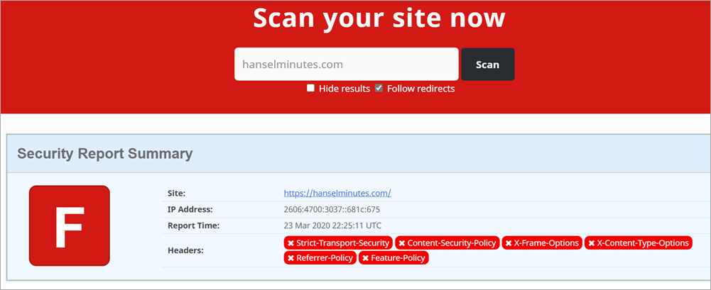 Score of F on SecurityHeaders.com