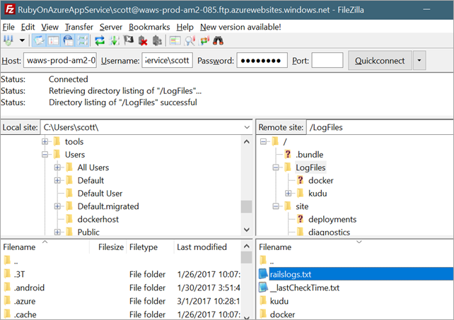 FTPing into Azure to look at logs