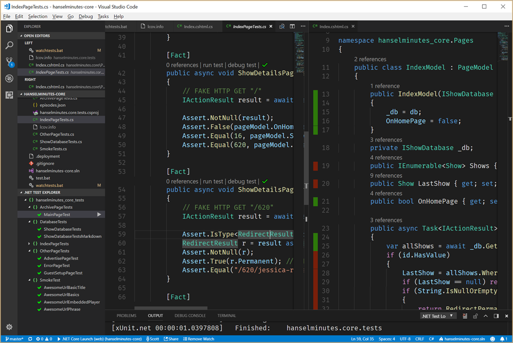 Auto testing, code coverage, line coloring, test explorers, all in VS Code