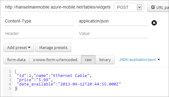 POSTing to an Azure Mobile Service with POSTMAN