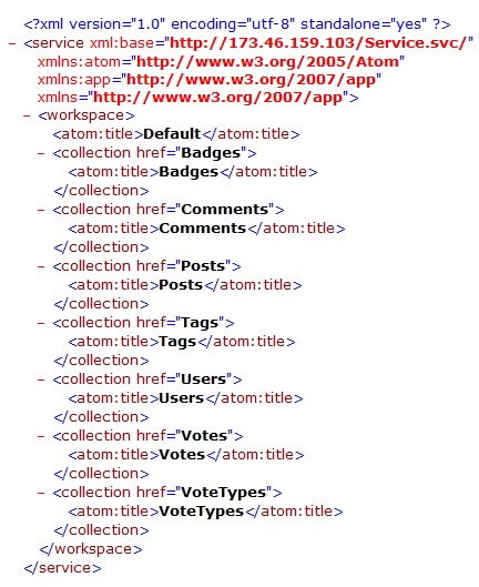 Screenshot of an XML document describing an OData service endpoint