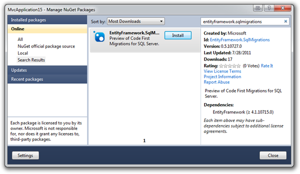 Entity Framework SQL Migrations In NuGet