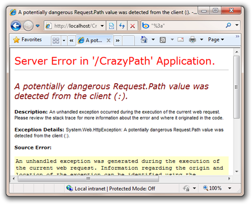 A potentially dangerous Request.Path value was detected from the client (). - Windows Internet Explorer