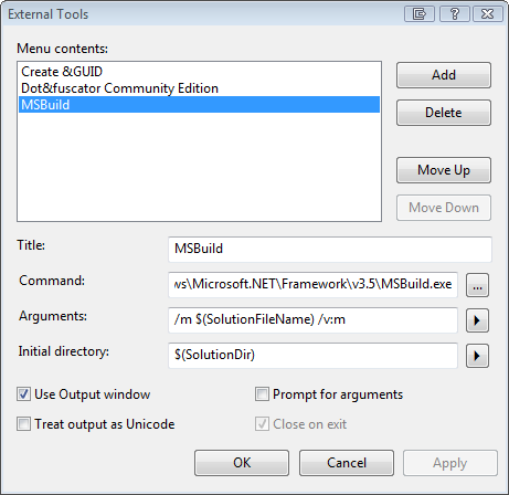 Adding MSBuild to External Tools