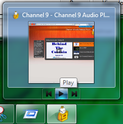Image of Channel 9 as a pinned tab. There's a forward, back and play media button