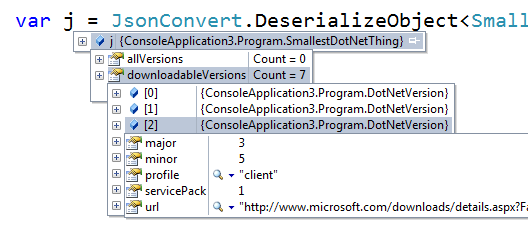 The JSON has deserialized into C# objects in a Watch Window