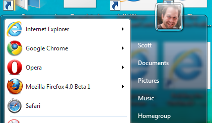 Five major browsers shown in the Windows Start Menu