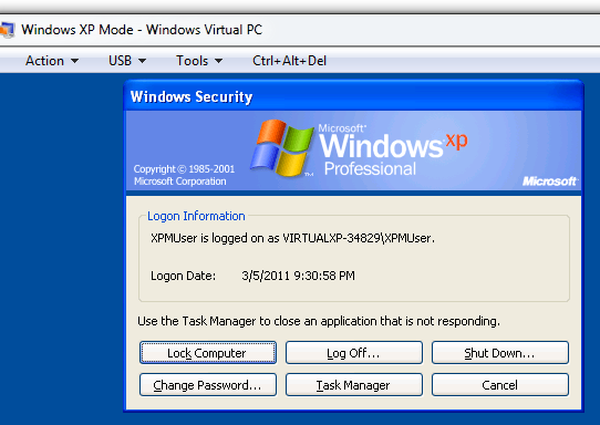 Shutting down Windows XP Mode