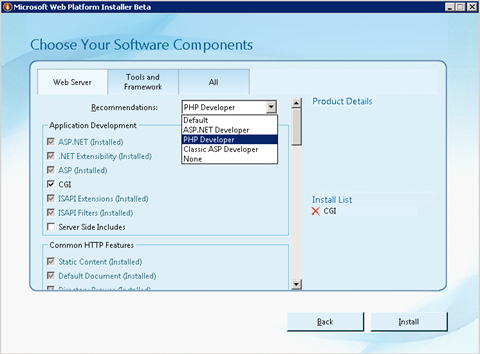 Web Platform Installer Choose Components