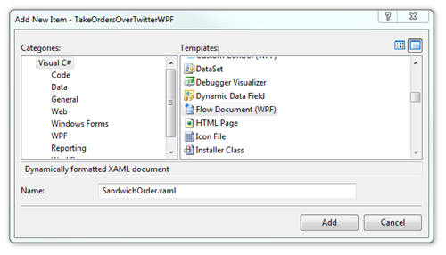 Add New Item - TakeOrdersOverTwitterWPF